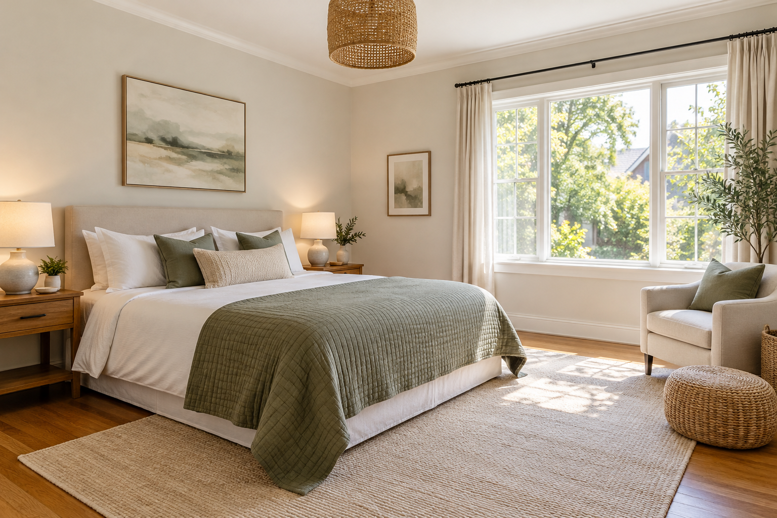 Comfortable light-filled rental bedroom with white linen and a sage quilt