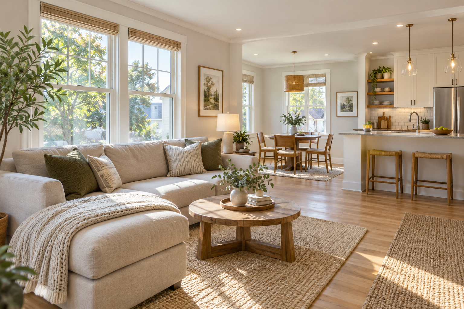 Bright furnished apartment living room with an open dining area