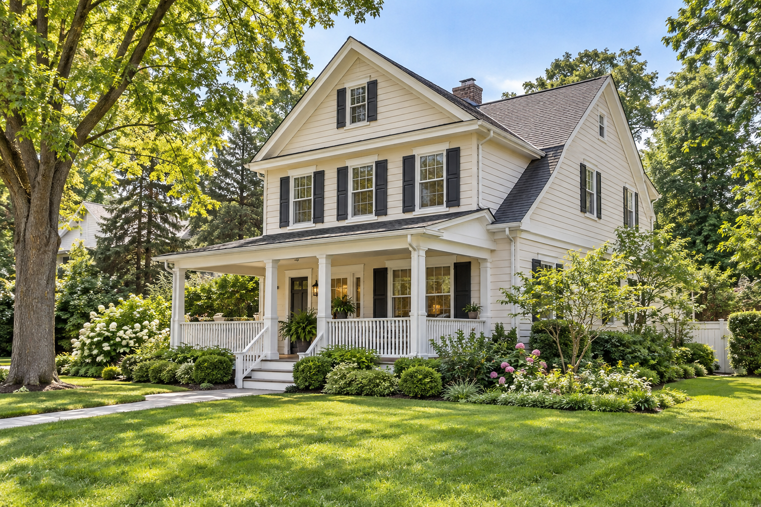 Illustrative detached family home with a front porch and landscaped lawn
